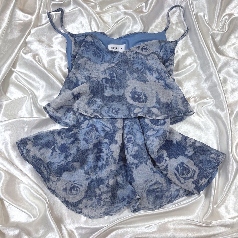 y2k Camisole Top Blue Excellent Floral Tiered Ruffle Chiffon Gilli Large
